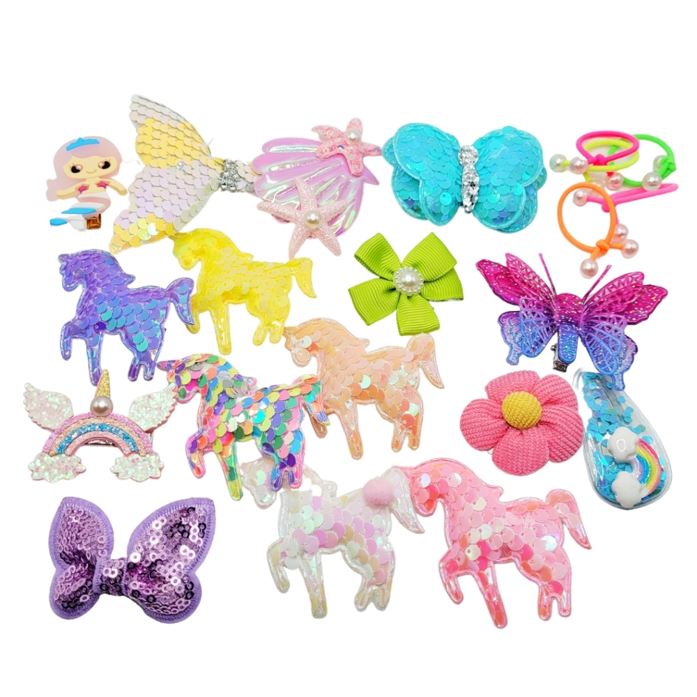 20 pcs Hair clip set for girls.Hair accessories grab bag Unicorn rainbow Hairbow